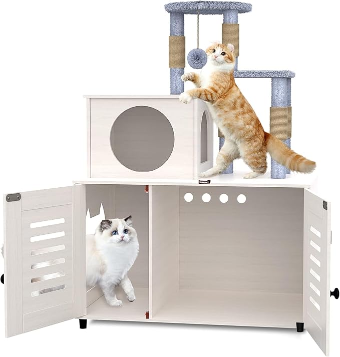 Cat Tree with Litter Box Enclosure, Cat Litter Box Enclosure with Scratching Post and Soft Plush Perch, Hidden Cat Washroom Furniture with Divider, All-in-one Cat Cabinet, White