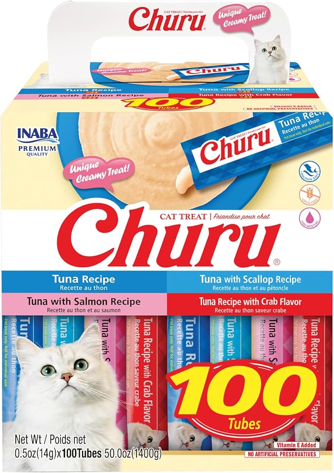 INABA Churu Cat Treats, Lickable, Squeezable Creamy Purée with Vitamin E, 0.5 Ounces per Tube, 100 Tubes Total, Tuna Variety