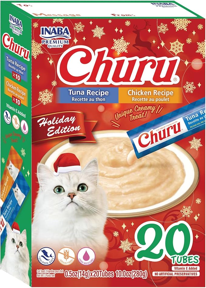 INABA Churu Cat Treats, Lickable, Squeezable Creamy Purée Cat Treat with Vitamin E, 0.5 Ounces Each Tube, 20 Tubes, Holiday Variety Pack